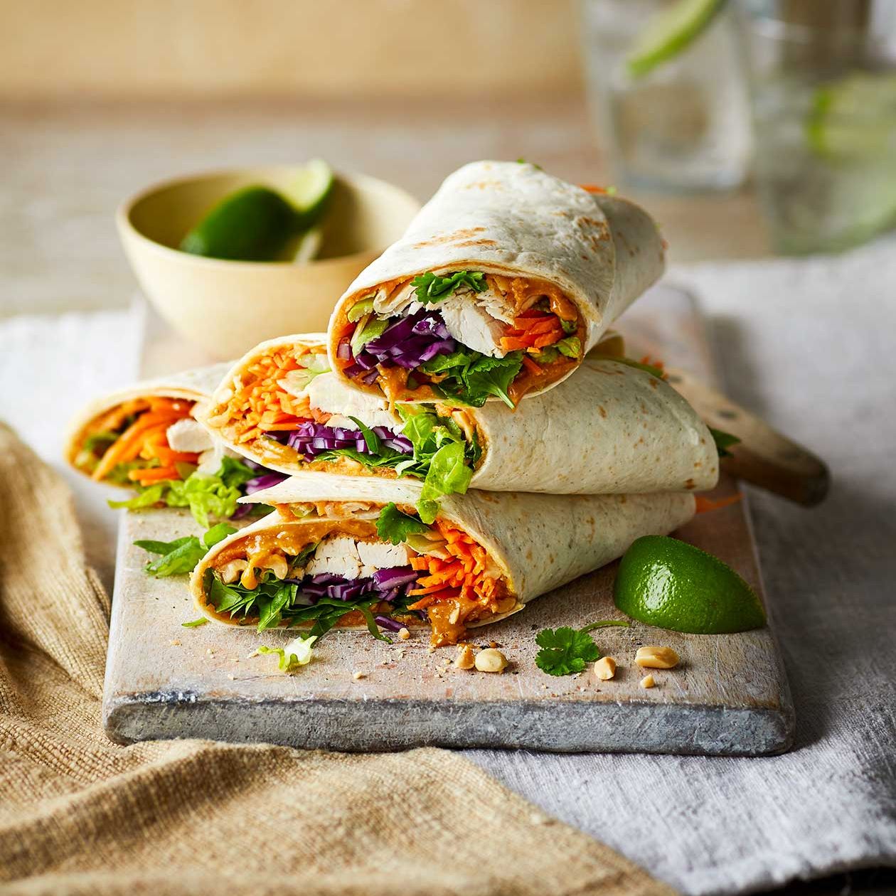 Satay Chicken Salad Wraps Recipe Sainsbury S Magazine