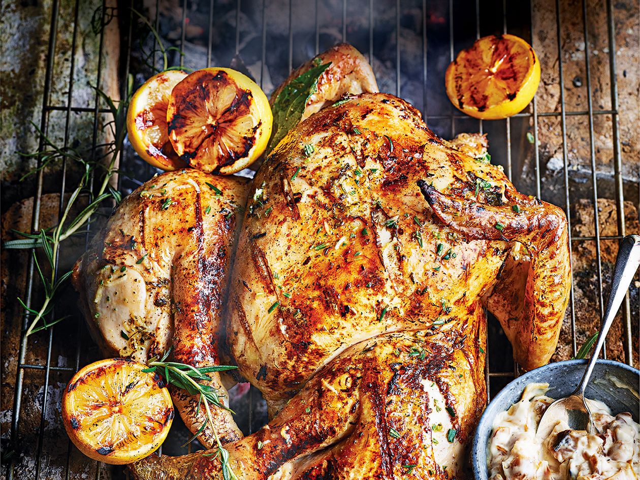 Spatchcock BBQ chicken with burnt onion aioli and caramelised lemons