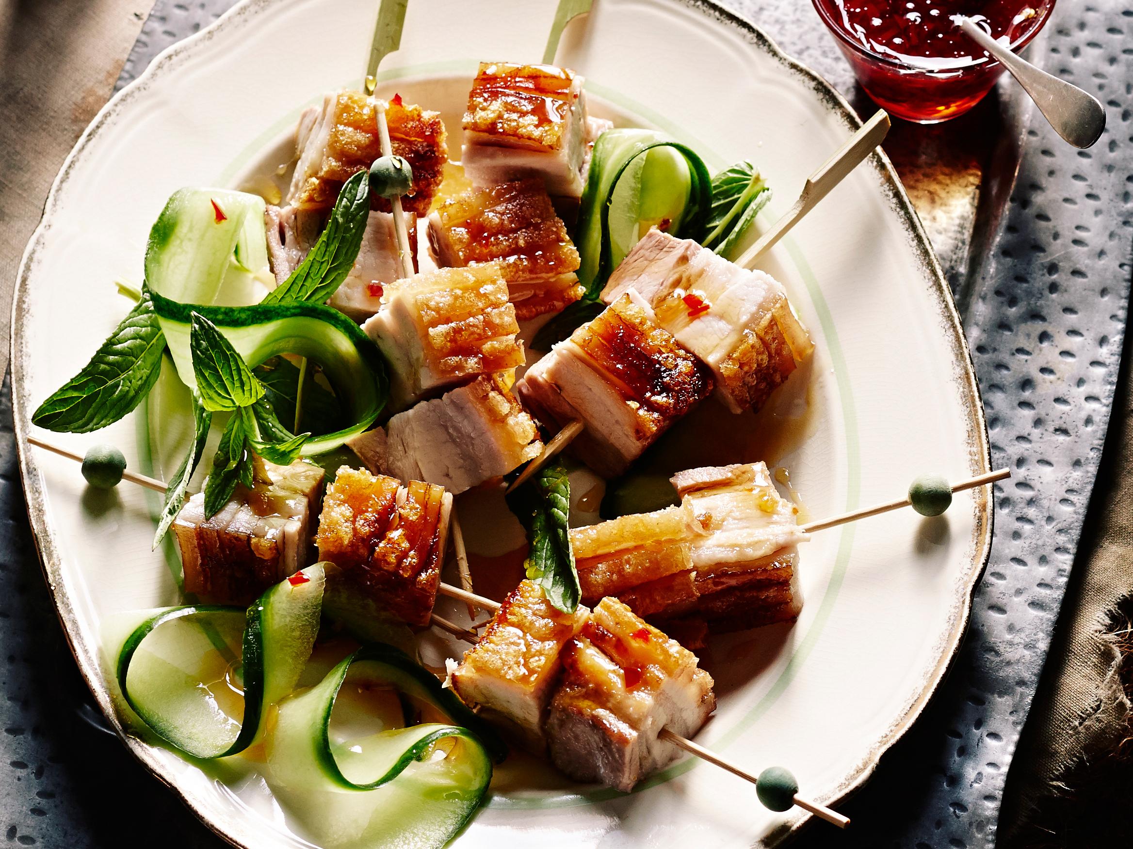 Crispy Pork Belly Skewers With Chilli Garlic Caramel Dipping Sauce Sainsbury S Magazine Crispy Pork Belly Skewers With Chilli Garlic Caramel Dipping Sauce Sainsbury S Magazine