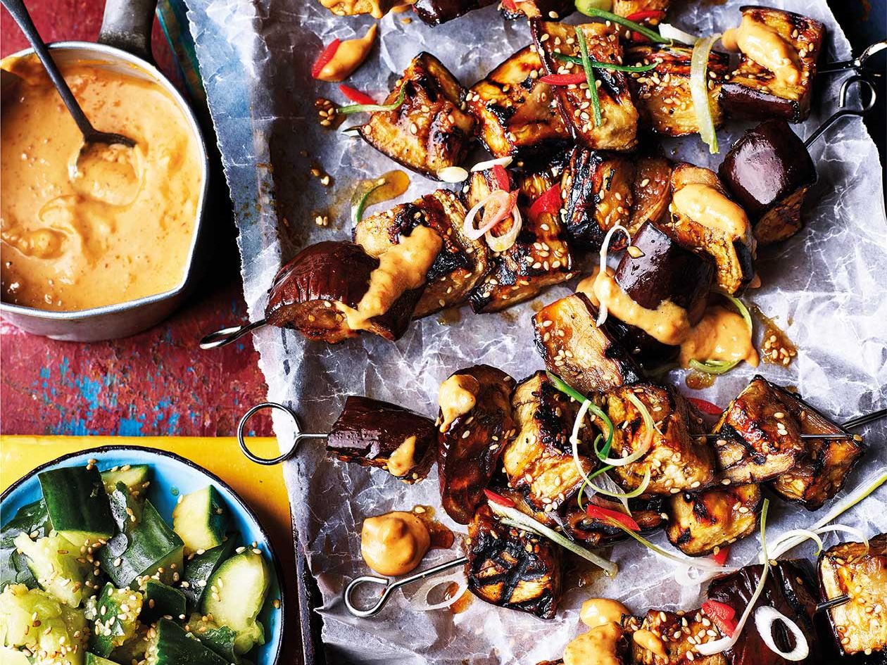 Aubergine Skewers With Satay Sauce And Smashed Cucumber Recipe Sainsbury S Magazine