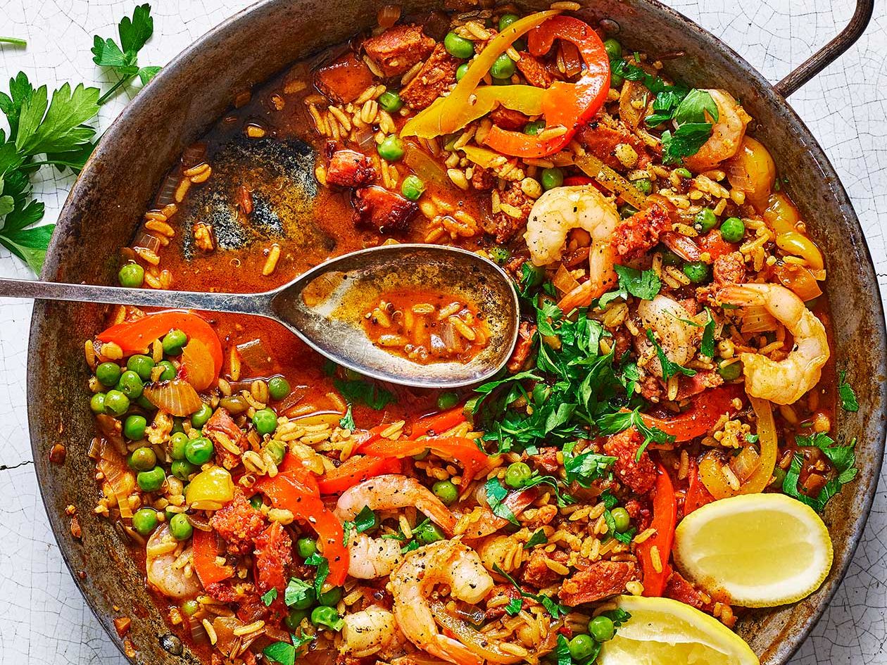 Smoky Prawn And Chorizo Paella Recipe Sainsbury S Magazine Smoky Prawn And Chorizo Paella Recipe Sainsbury S Magazine