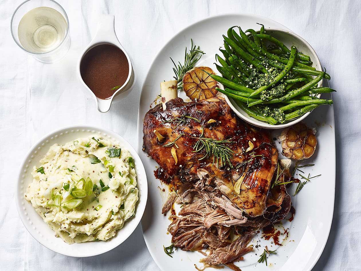 Slow-roasted lamb with spring onion mash and pistou