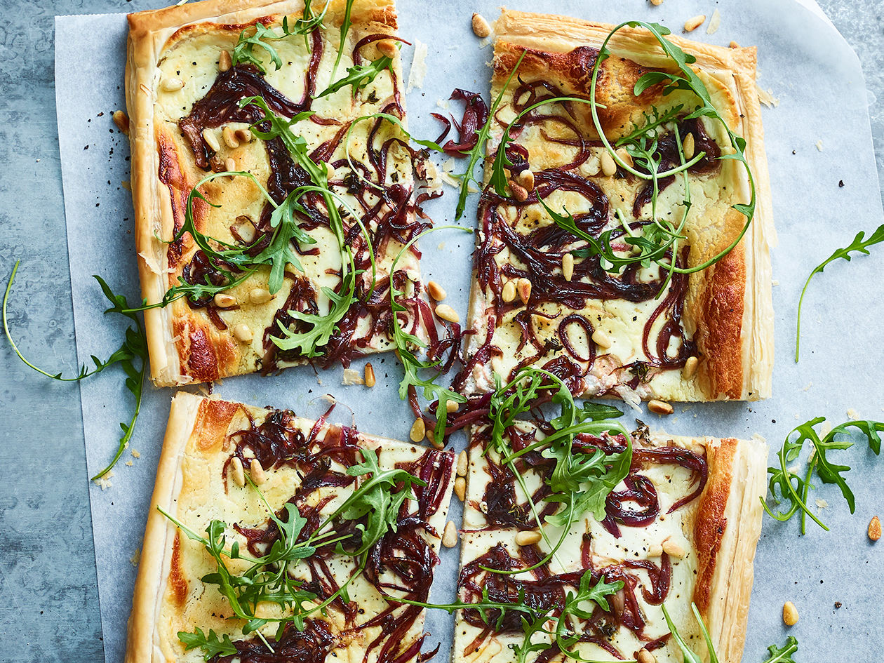 Balsamic Onion Goats Cheese And Rocket Tart Recipe Sainsbury S Magazine