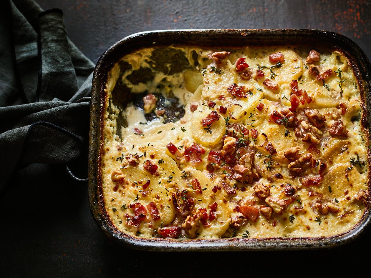 Potato And Parsnip Gratin With Bacon And Walnuts Recipe Sainsbury S Magazine