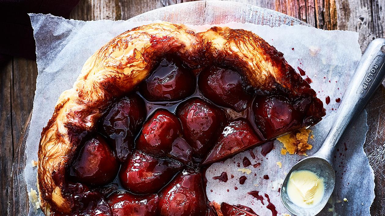 image of Red Wine-Poached Pear Tarte Tatin recipe by Sainsbury’s Magazine