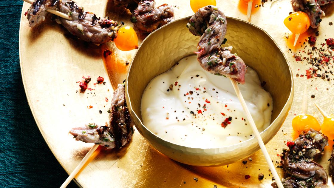 image of Beef Skewers With Horseradish Crème Fraîche recipe by Sainsbury’s Magazine