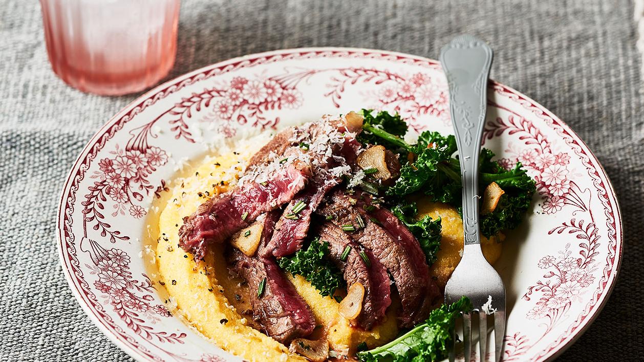 Rosemary steak with cheesy polenta