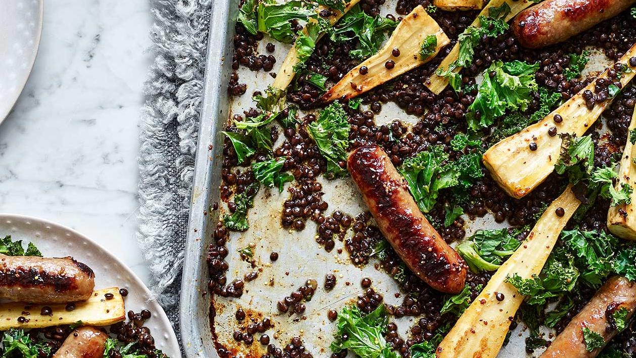 image of Sticky Sausage and Parsnip Traybake recipe by Sainsbury’s Magazine