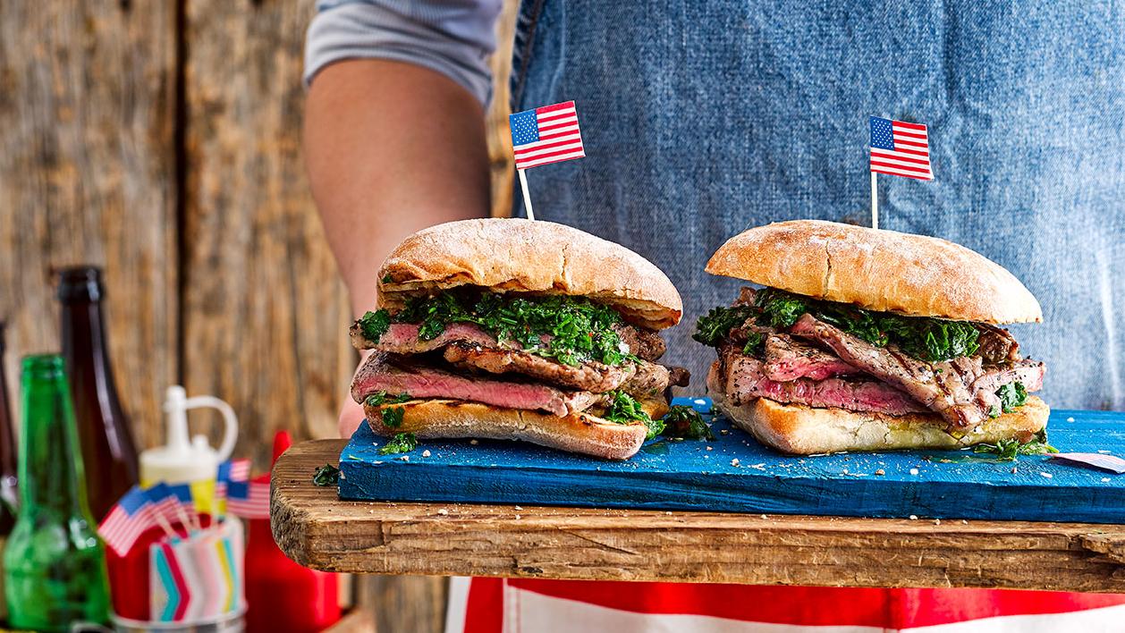 image of Fire-Grilled Steak Sandwich With Chimichurri recipe by Sainsbury’s Magazine