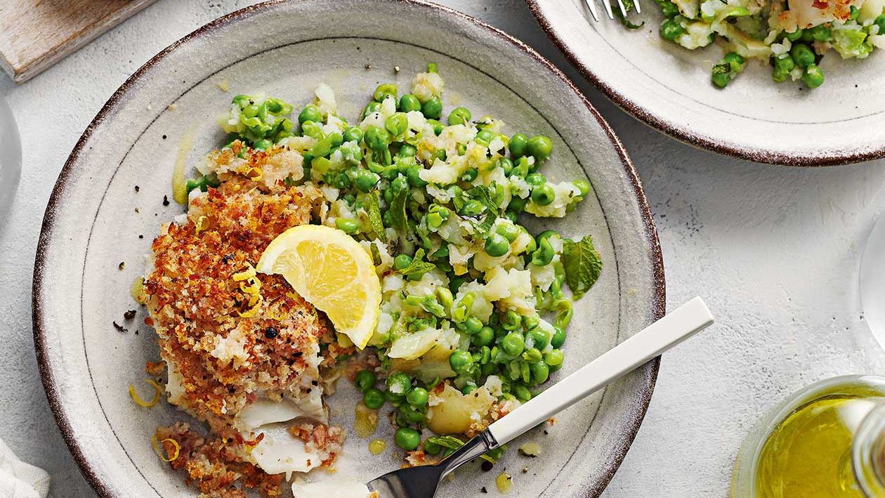 image of Bacon-Crumbed Cod With Minty Crushed Potatoes and Peas recipe by Sainsbury’s Magazine