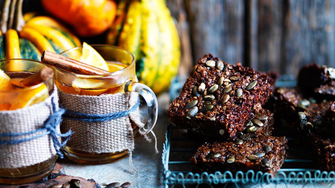 image of Pumpkin Seed, Black Treacle and Ginger Squares recipe by Sainsbury’s Magazine