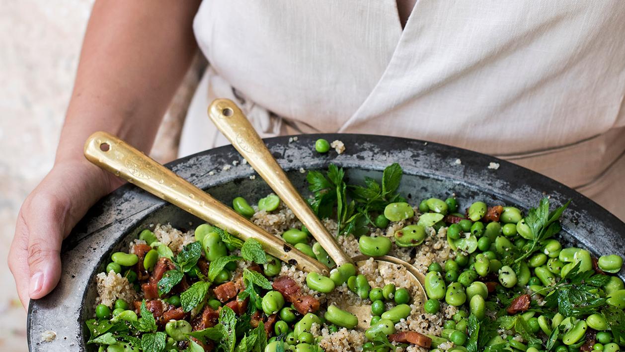 image of Quinoa Salad With Pancetta, Broad Beans and Peas recipe by Sainsbury’s Magazine image of Quinoa Salad With Pancetta, Broad Beans and Peas recipe by Sainsbury’s Magazine