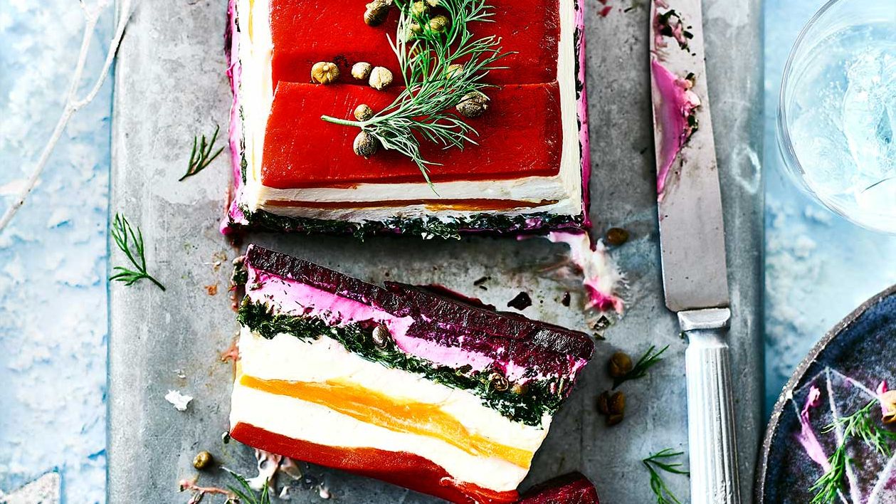 image of Rainbow Vegetable and Whipped Feta Terrine recipe by Sainsbury’s Magazine