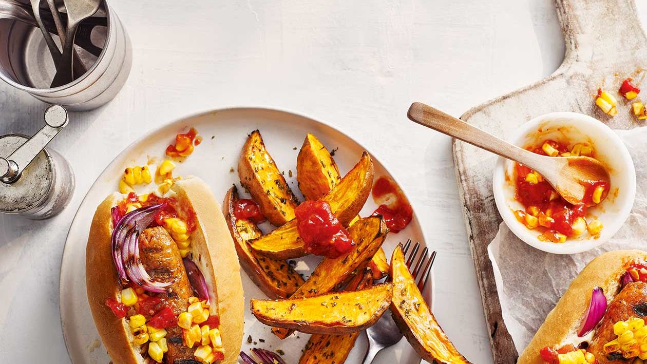 Vegan hot dogs with corn relish