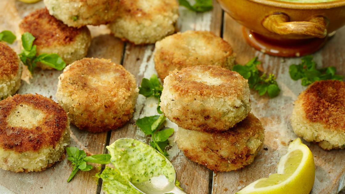 image of Mini Prawn Cakes With Watercress Mayonnaise recipe by Sainsbury’s Magazine