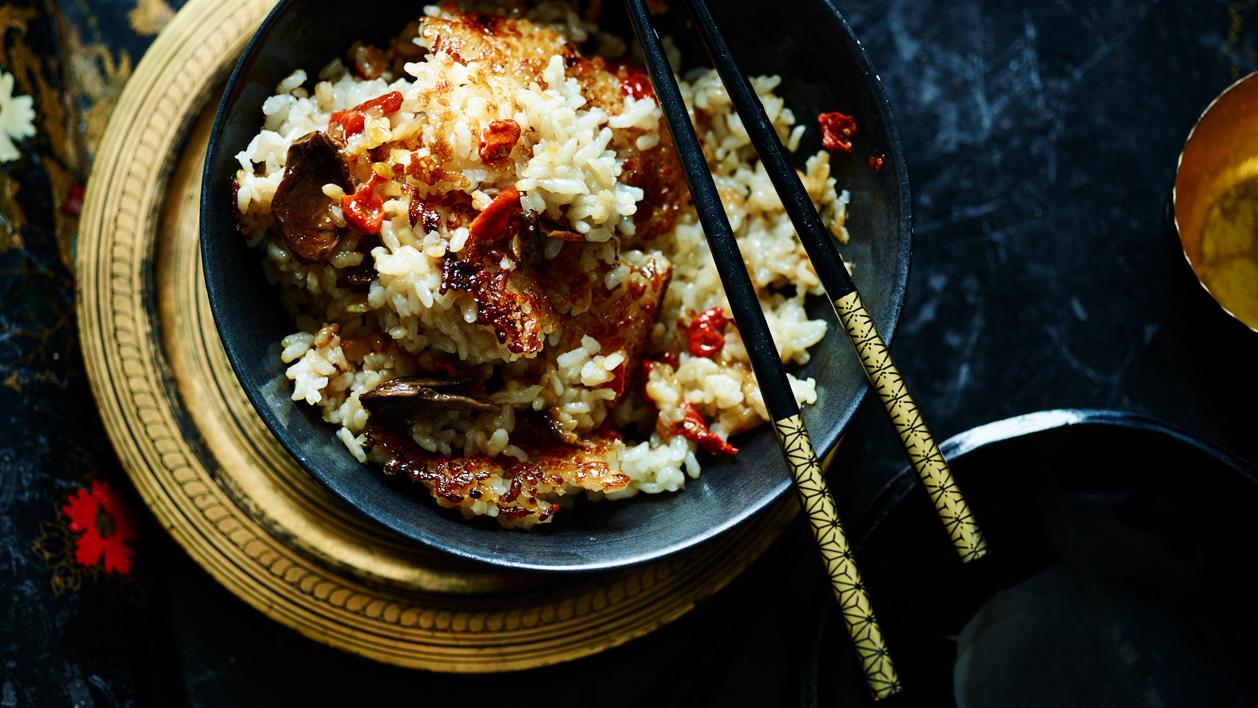 image of Scorched Mushroom and Ginger Rice recipe by Sainsbury’s Magazine