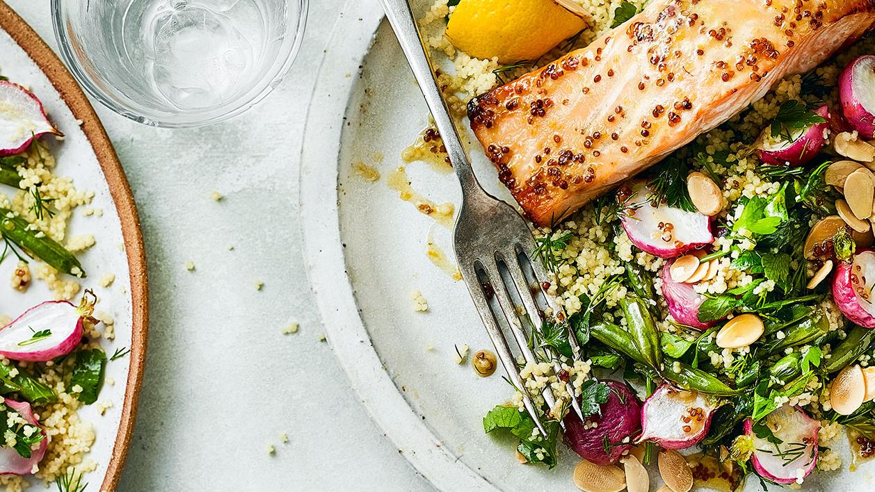 image of Mustard Honey Salmon With Veggie Couscous recipe by Sainsbury’s Magazine