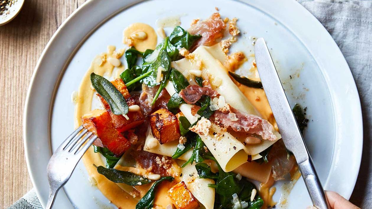 image of Open Lasagne With Roasted Squash, Crispy Prosciutto and Amaretti recipe by Sainsbury’s Magazine