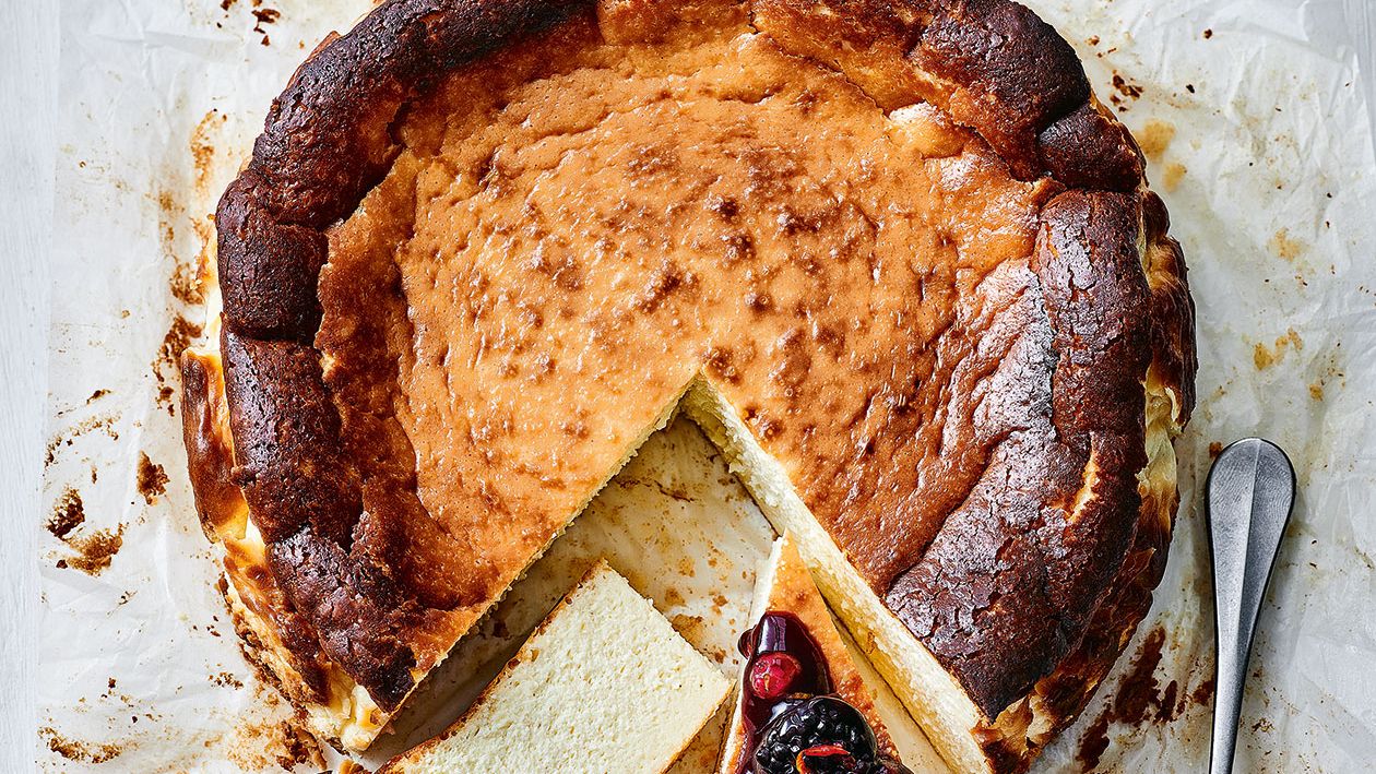 image of Burnt Basque Cheesecake With Sangria Compote recipe by Sainsbury’s Magazine