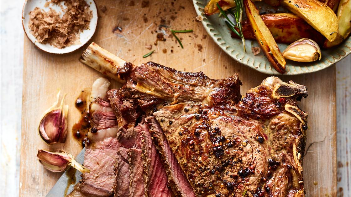 image of Salt and Pepper Rib of Beef With Bloody Mary Sauce and Roast Potato Wedges recipe by Sainsbury’s Magazine