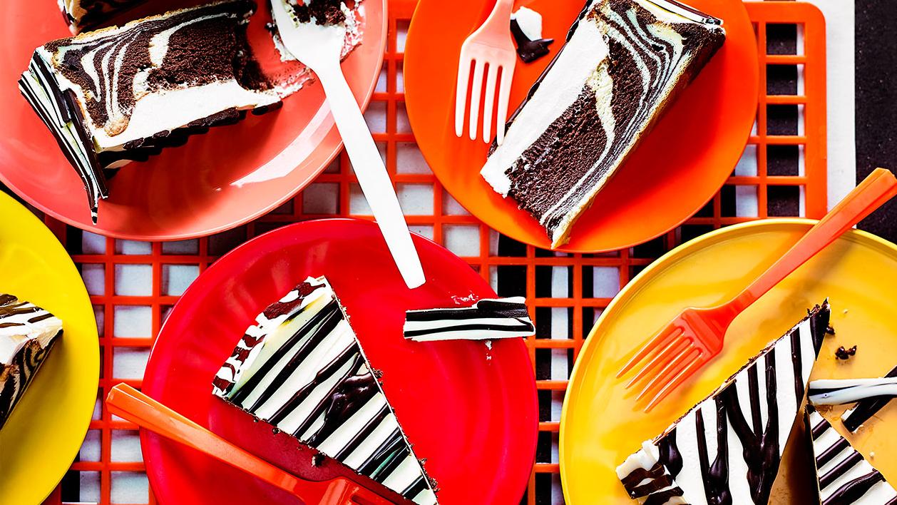 image of Zebra Chocolate Cheesecake recipe by Sainsbury’s Magazine