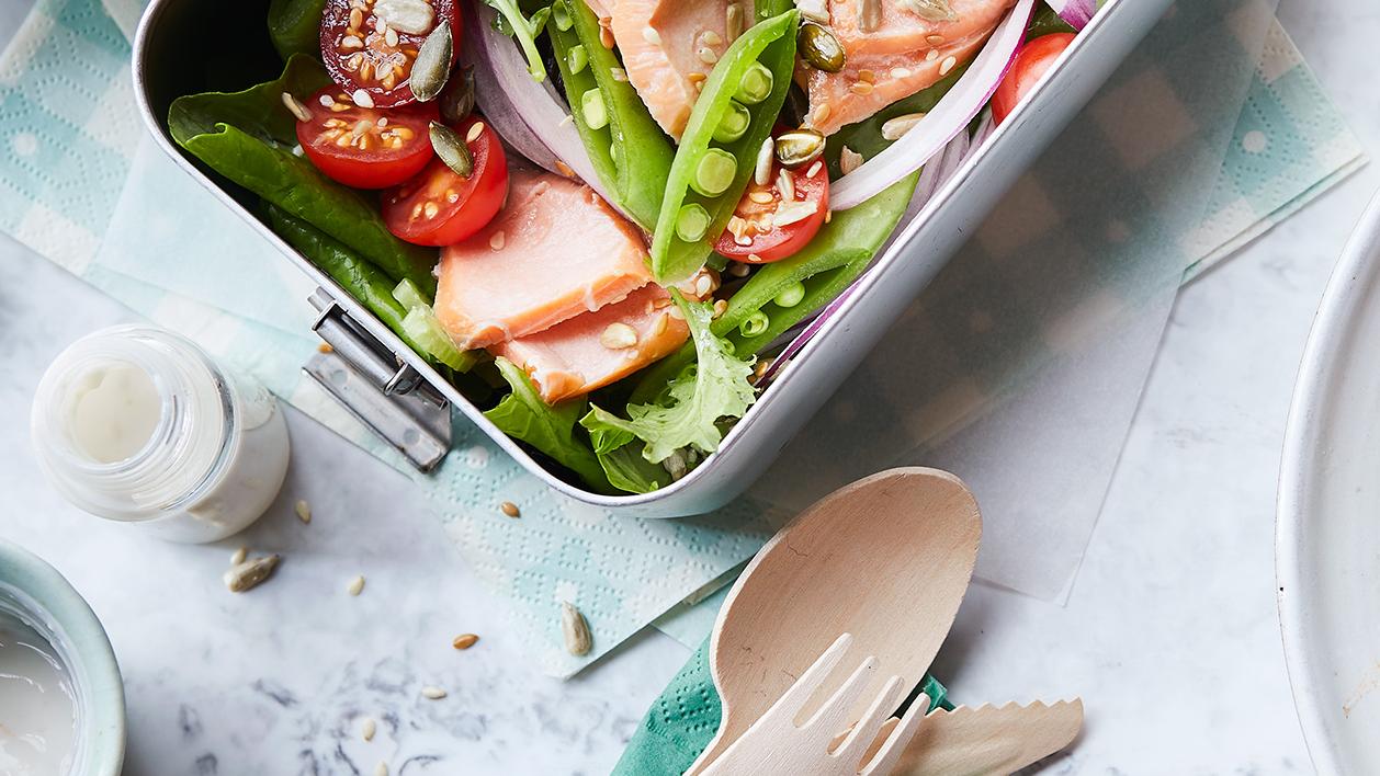 image of Hot Smoked Salmon Salad With Horseradish Dressing recipe by Sainsbury’s Magazine