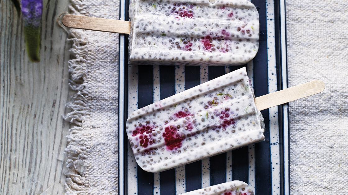image of Raspberry, Lime and Coconut Chia Ice Pops recipe by Sainsbury’s Magazine