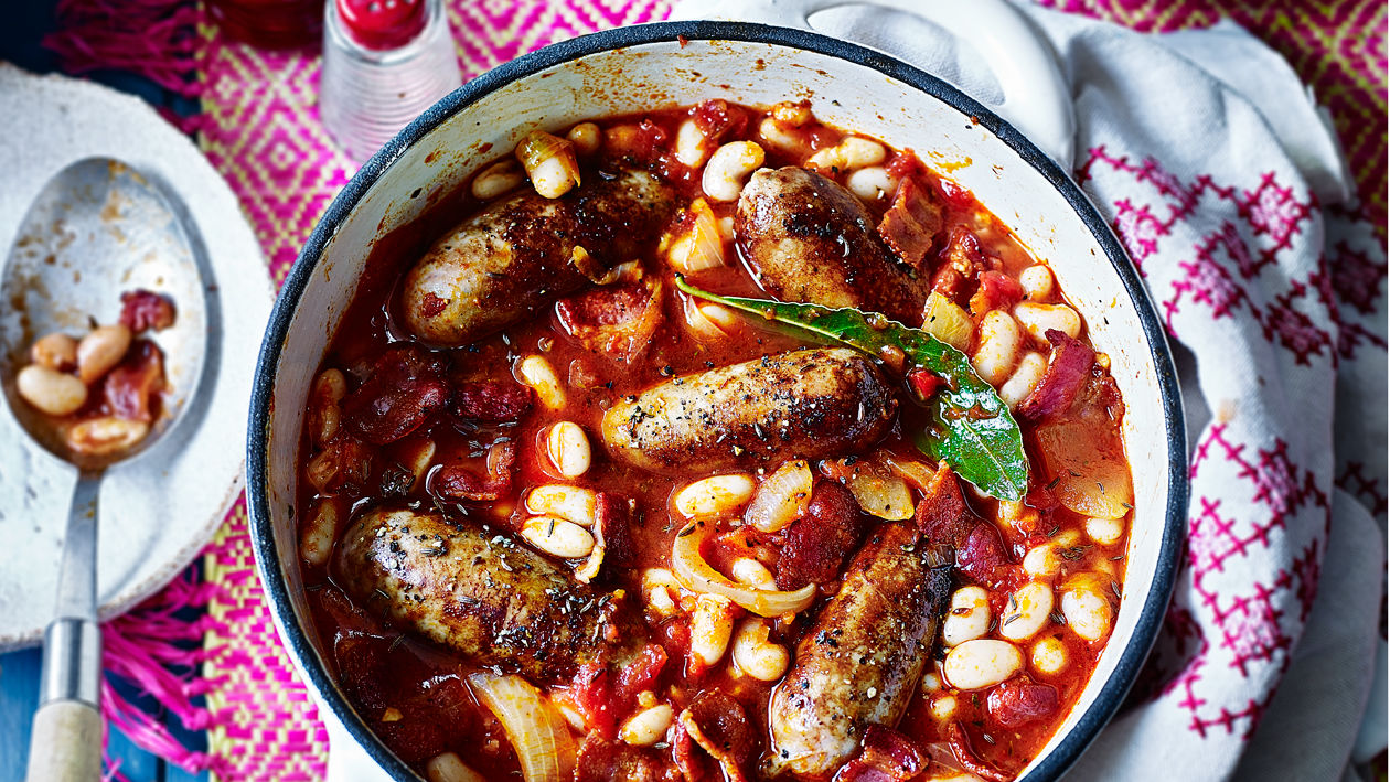 image of Polish Sausage and Beans With Quick Pickled Cabbage recipe by Sainsbury’s Magazine
