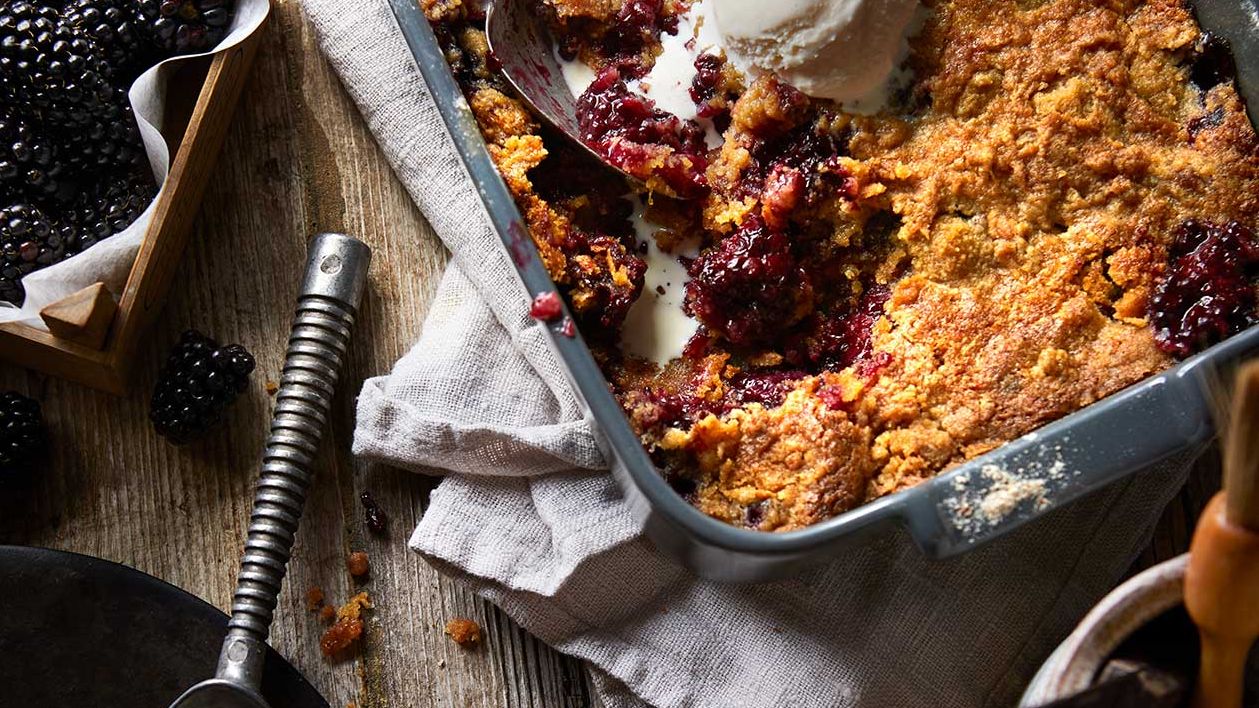 image of Blackberry & Elderflower Dump Cake recipe by Sainsbury’s Magazine