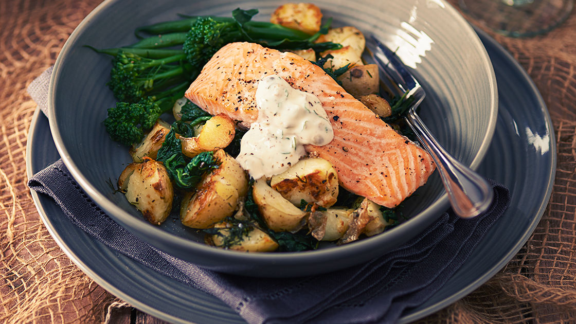 image of Roast Salmon Fillets With a Crème Fraîche and Caper Sauce recipe by Sainsbury’s Magazine