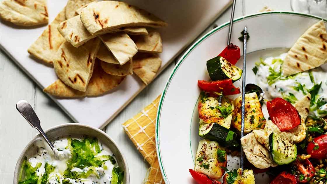 image of Veggie Halloumi Kebabs With Freekeh, Orange and Walnut Salad recipe by Sainsbury’s Magazine