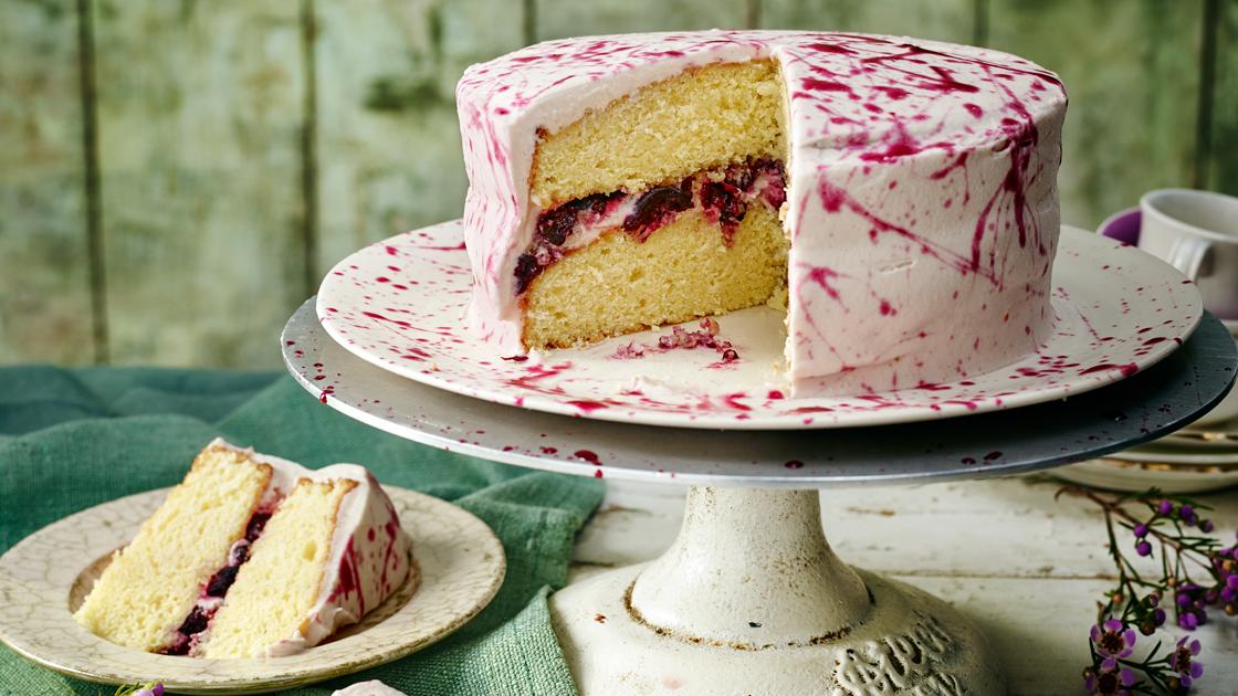 image of Boozy Blueberry and Lime Cake, With Jackson Pollock-Style Drizzle recipe by Sainsbury’s Magazine