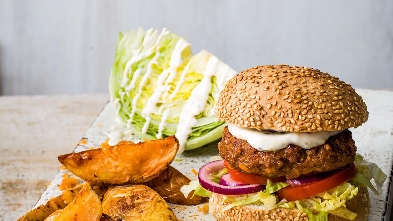 image of Smoky Pork Burger and Wedges recipe by Sainsbury’s Magazine