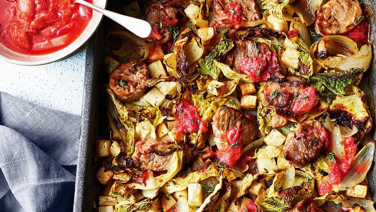 image of Pork and Winter Veg Traybake With Speedy Rhubarb Relish recipe by Sainsbury’s Magazine