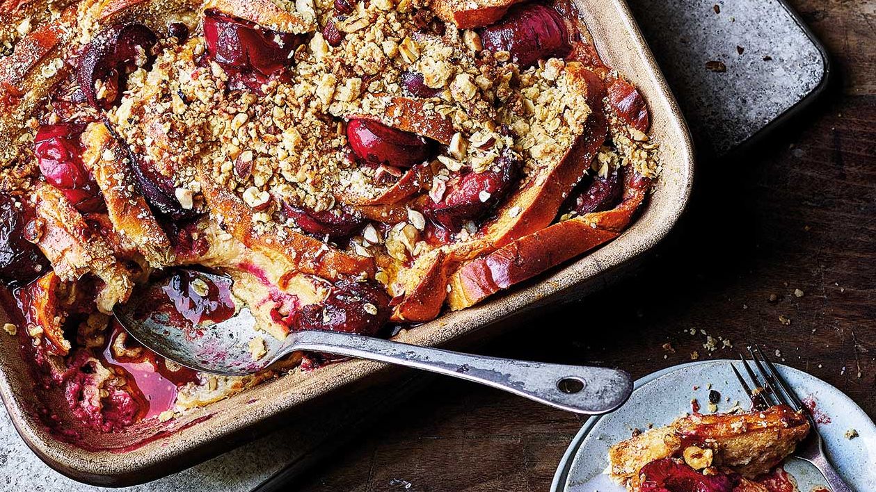 image of Roasted Plum Bread and Butter Crumble recipe by Sainsbury’s Magazine