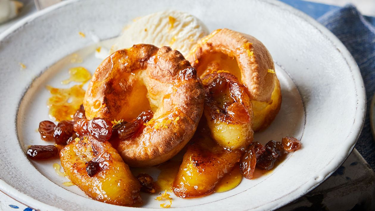 image of Sweet Yorkshire Puddings With Golden Syrup and Caramelised Bananas recipe by Sainsbury’s Magazine