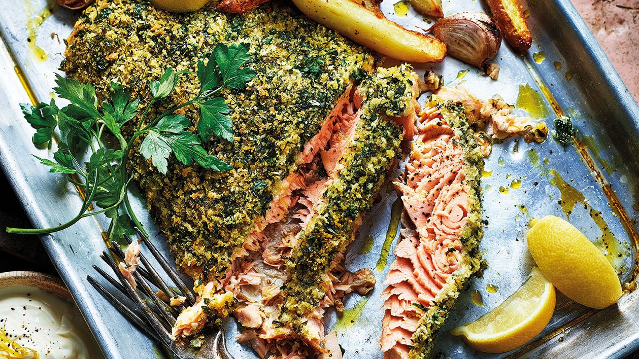 image of Herb-Crusted Salmon With Garlic Fries recipe by Sainsbury’s Magazine