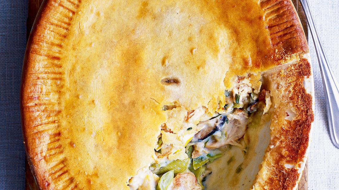 image of Hot-Water Crust Chicken, Leek and Shiitake Pie recipe by Sainsbury’s Magazine