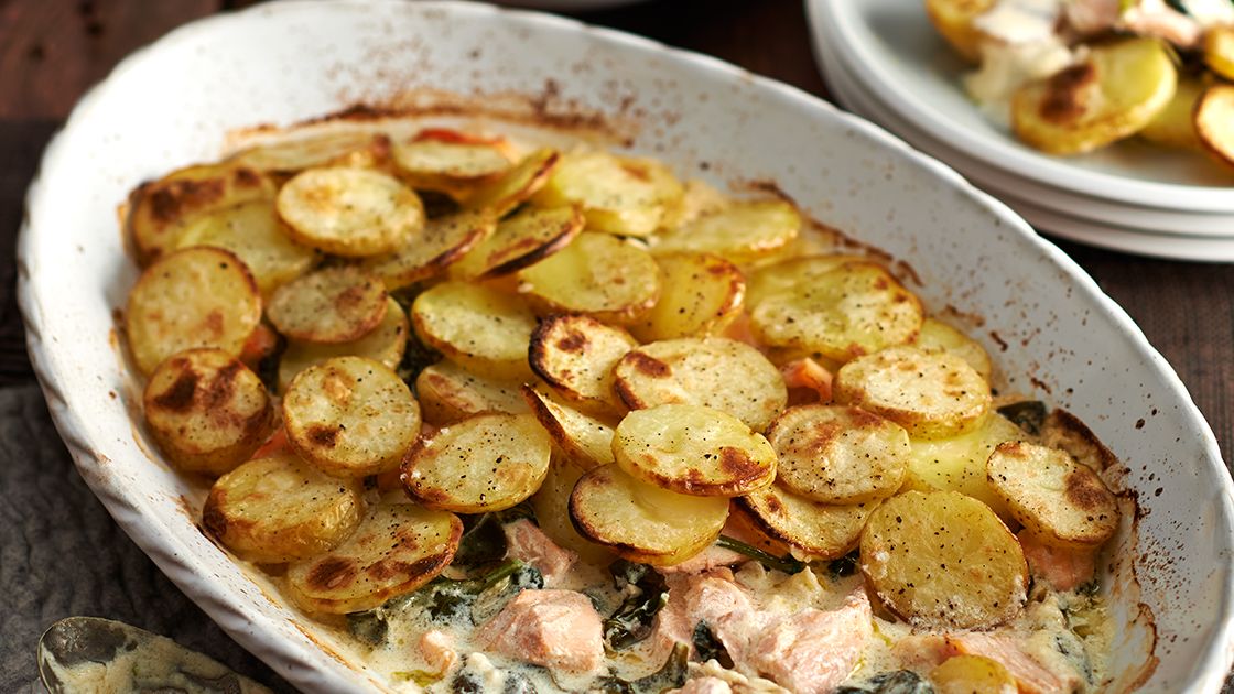image of Salmon, Spinach and Crème Fraîche Bake recipe by Sainsbury’s Magazine