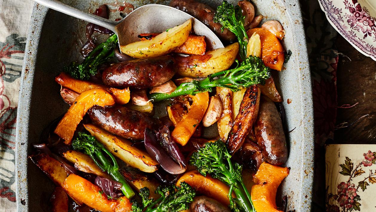 image of Venison Sausage and Squash Traybake recipe by Sainsbury’s Magazine