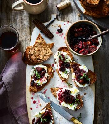 Walnut bruschetta with whipped ricotta & roasted red wine grapes
