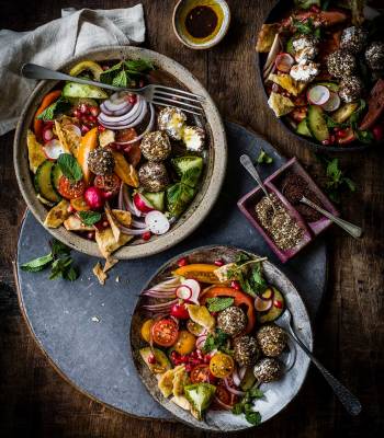 Fattoush salad with herbed labneh balls