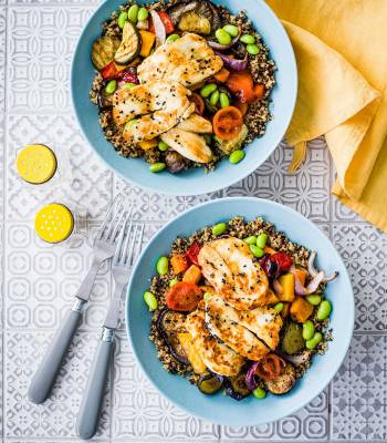 Halloumi and rainbow veg grain bowl