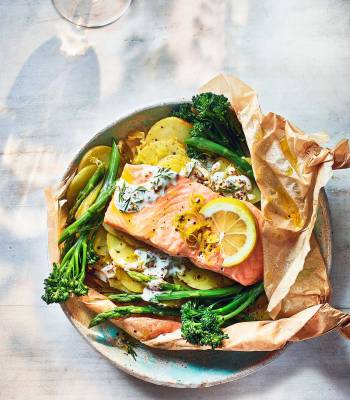 Zesty salmon parcels with dill sauce  