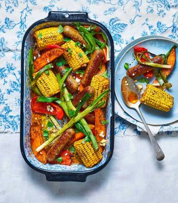 Cajun-spiced veggie-sausage traybake