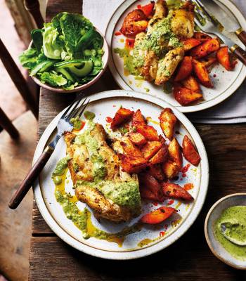 Spiced spatchcock poussin with harissa potatoes