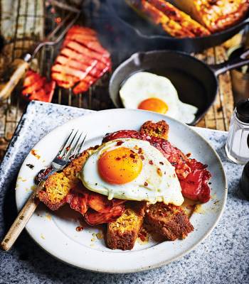BBQ cornbread with chilli honey, maple-glazed gammon and eggs