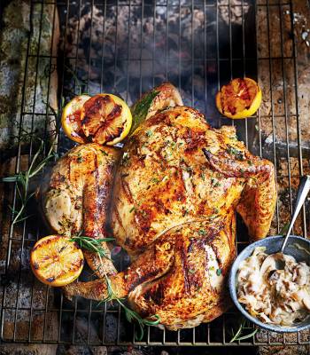 Spatchcock BBQ chicken with burnt onion aïoli and caramelised lemons