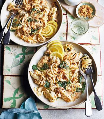 Roast cauliflower pasta with creamy tahini sauce 