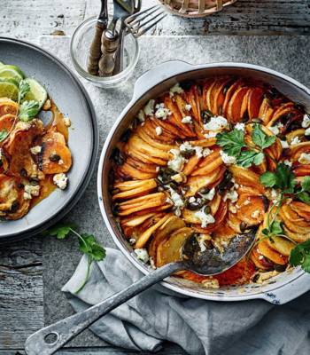 Sweet potato, turnip and feta gratin